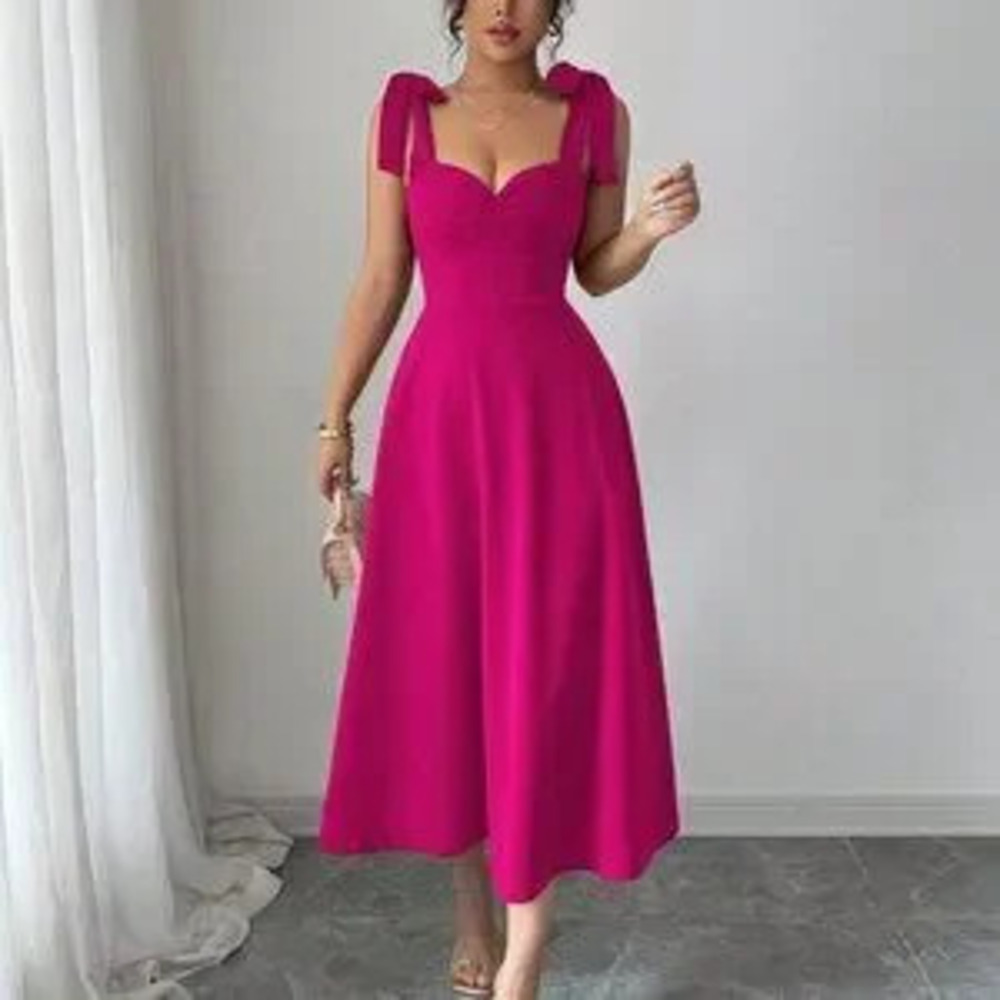 Hot Pink Elegant Women's Sleeveless Tie-Up Bow Decor Waist A-Line Romantic Dress